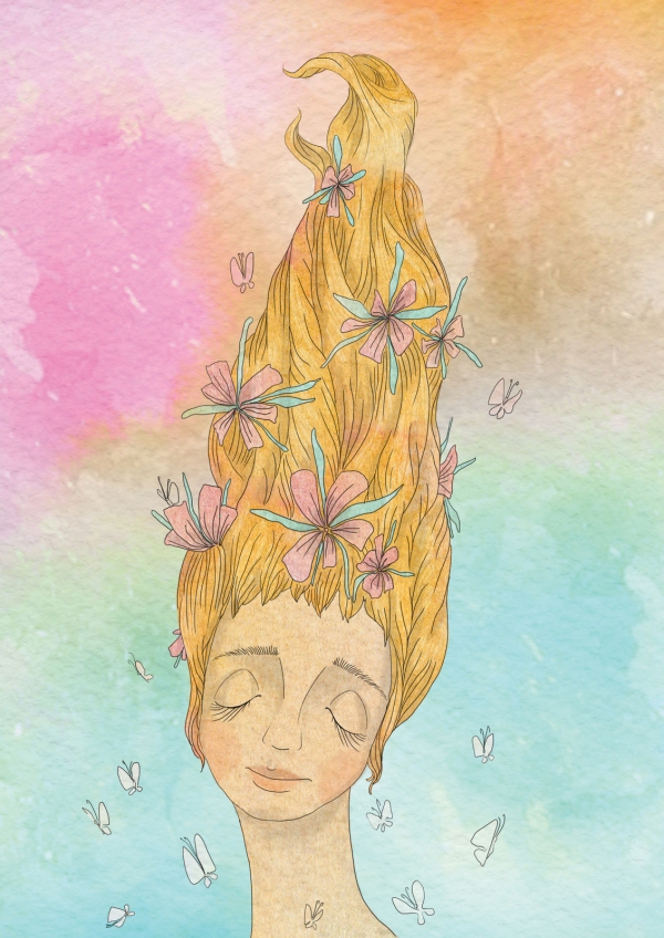 Illustration of beautiful spring girl with big hair
