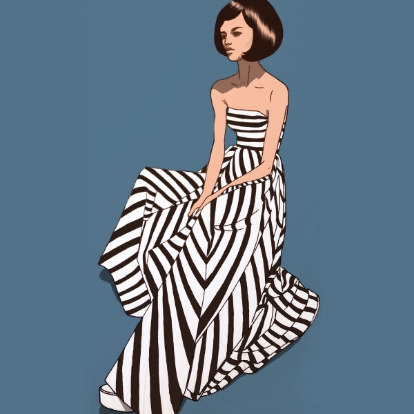 Fashion illustration of woman in black and white dress